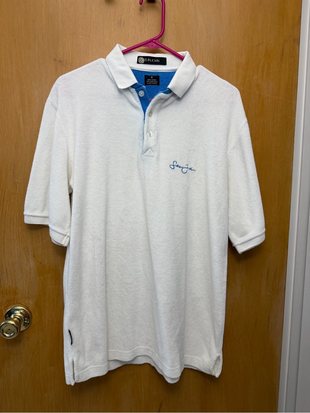 Sean John White Terry Polo with Blue Trim and Embroidered Logo